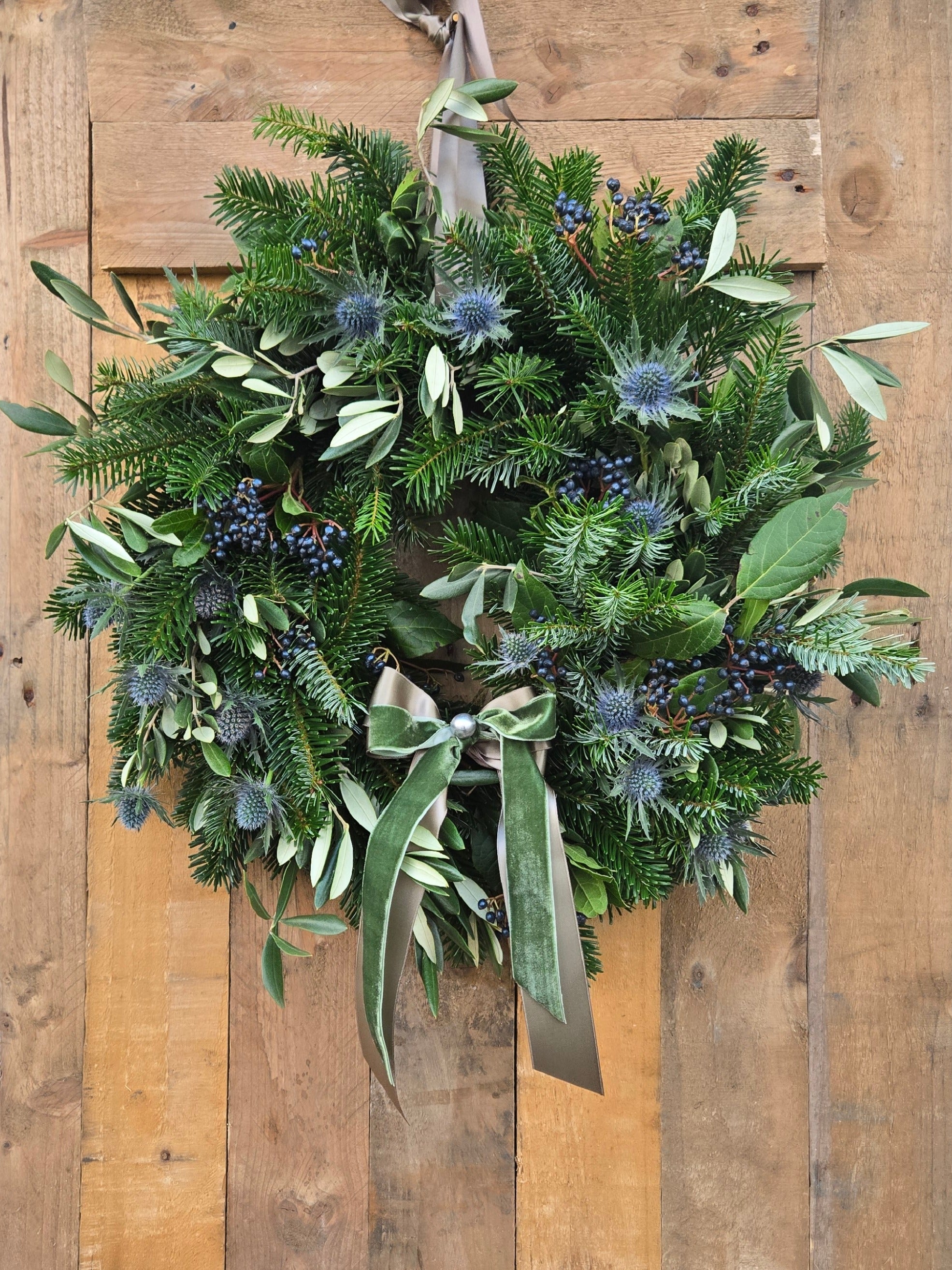 Peace and Thistle  Christmas Wreath with Olive Branch, Scottish Thistle, Berries and Velvet Ribbon £85