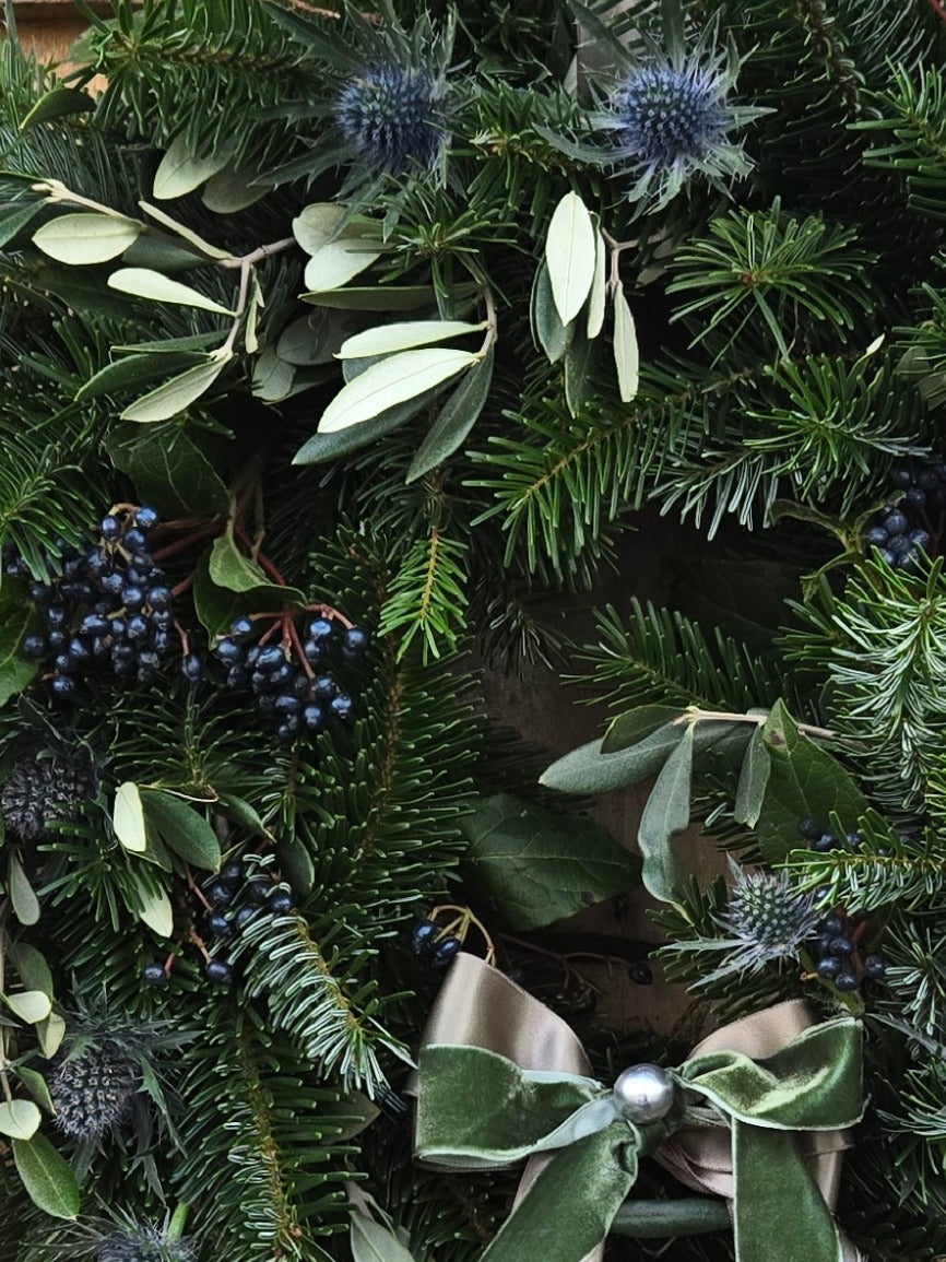 Peace and Thistle  Christmas Wreath with Olive Branch, Scottish Thistle, Berries and Velvet Ribbon £85