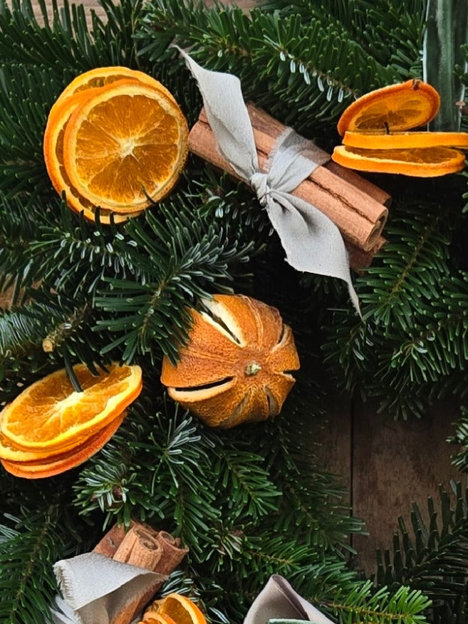 Luxury Orange and Cinnamon Scented Christmas Wreath with Sage Green Ribbons, Cinnamon Bundles and Dried Oranges £85